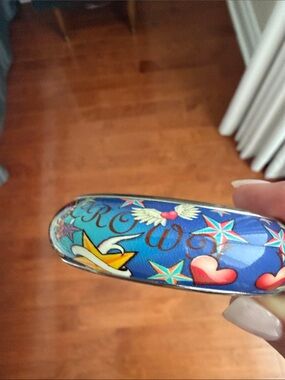 2 Blue Coral Tattoo-Print Enamel Bangle Bracelets with Hearts and Stars